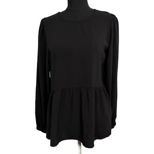 Ott Peplum Top Womens Small Black Long PuSleeve Ruffle Hem Babydoll f
